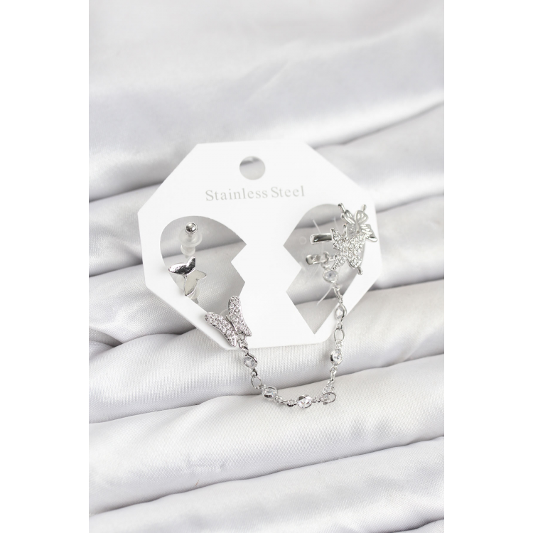 Pirinç Gümüş Renk Kelebek Model Zincir Bağlantılı Ear Cuff Küpe Seti 5886