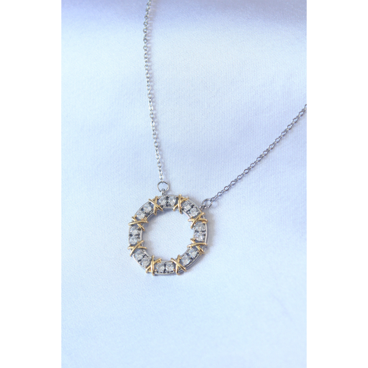 316L Çelik Gümüş Renk Zirkon Taşlı Gold Detay Xoxo Kadın Kolye 5886