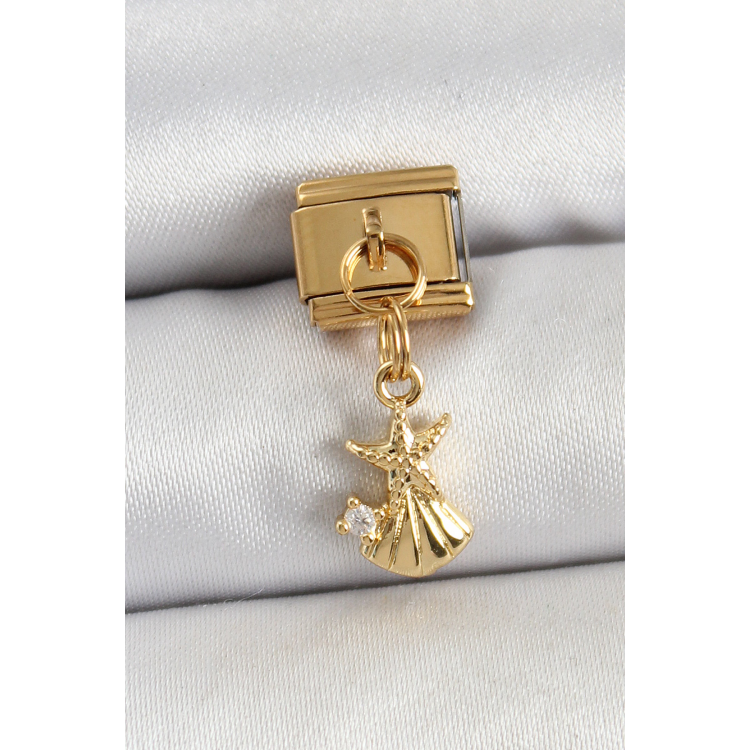 316L Çelik Sallantılı Zirkon Taşlı Deniz Yıldızı Ve İstiridye Model Gold Renk Nomination Charm 5886