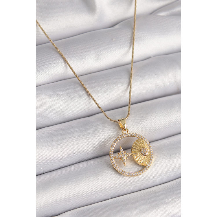 316L Çelik Gold Renk Zincir Zirkon Taşlı Yıldız İşleme Madalyon Model Kadın Kolye 5886