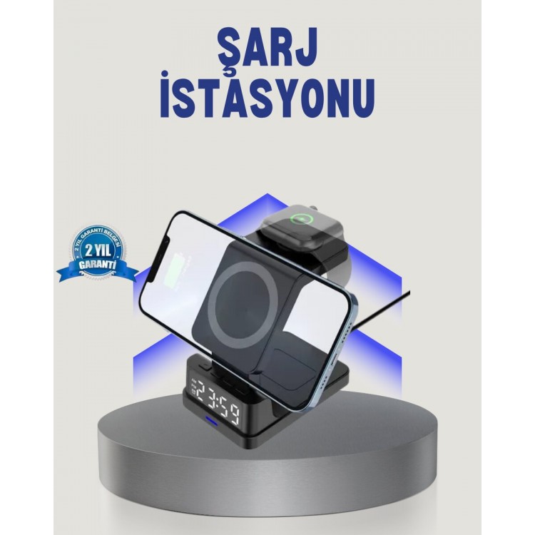 Kablosuz Şarj Cihazı ve Dijital Saat – 4’ü 1 Arada Hızlı Şarj Apple Uyumlu LED Işıklı Tasarım
