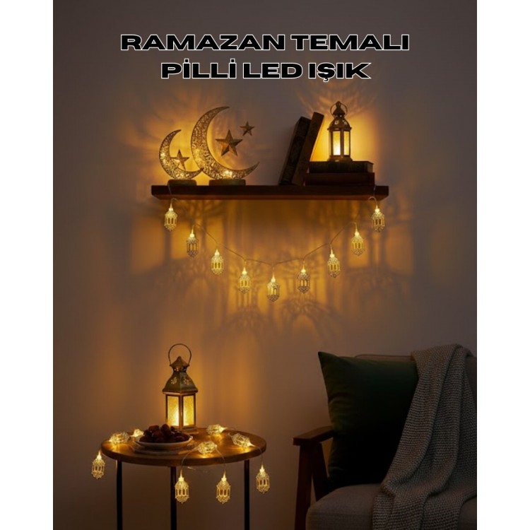 Altın Fener Detaylı Pilli Ramazan LED Işık Ev Dekorasyonu