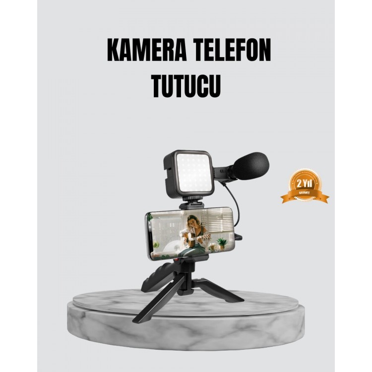 Telefon Video Çekim Kiti LED Aydınlatma Mikrofon Tripodlu Tam Set