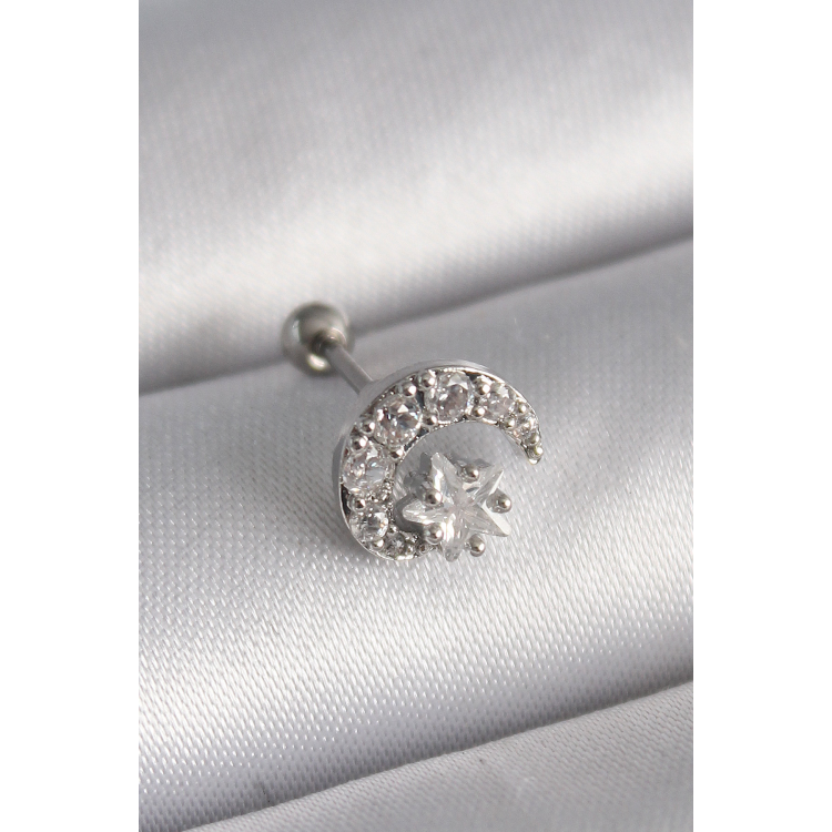 316L Çelik Gümüş Renk Zirkon Taşlı Ay Yıldız Tragus Piercing 5886