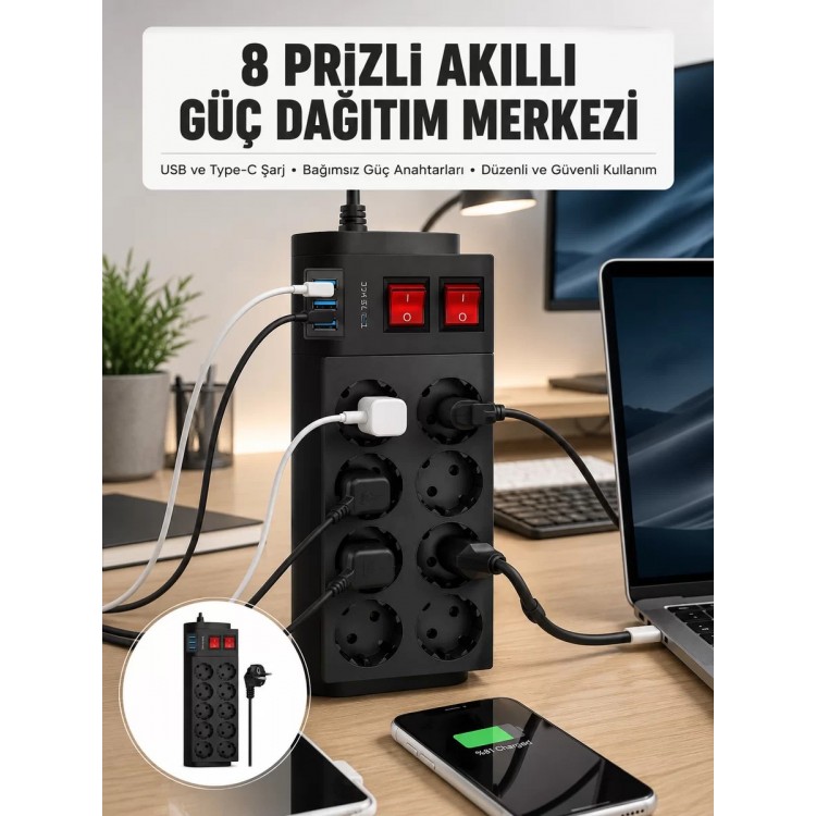 2 Metre Güçlü Çoklu Priz 8 Soket Yeni Nesil