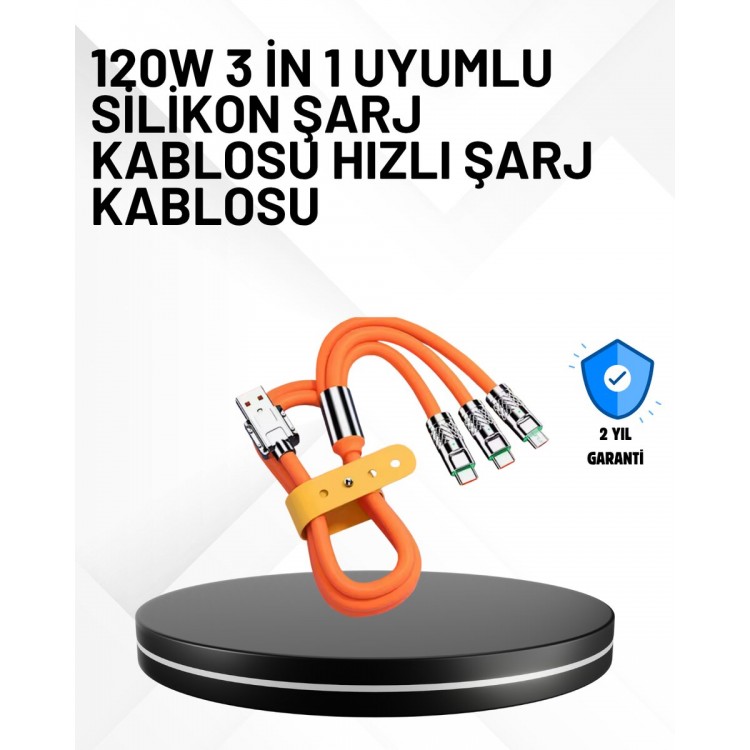 3’ü 1 Arada Kablo – 120W Hızlı Şarj ve Veri Aktarımı Özellikli