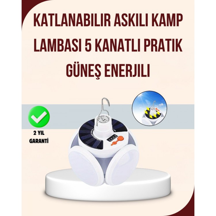 Güneş Enerjili USB Şarj Edilebilir 5 Modlu Katlanabilir LED Kamp Işığı