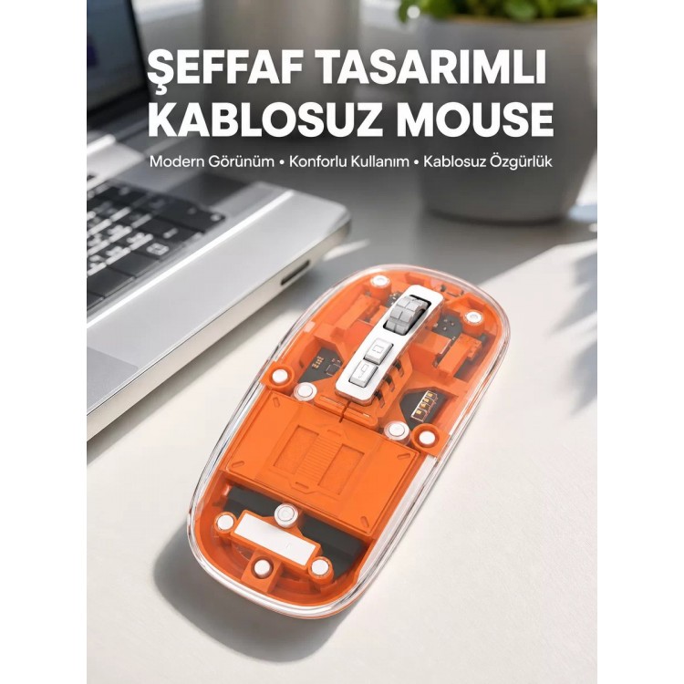 Mouse Fare Kablosuz Mouse Fare Şarjlı Bluetooth Sessiz 5 Tuşlu Şeffaf