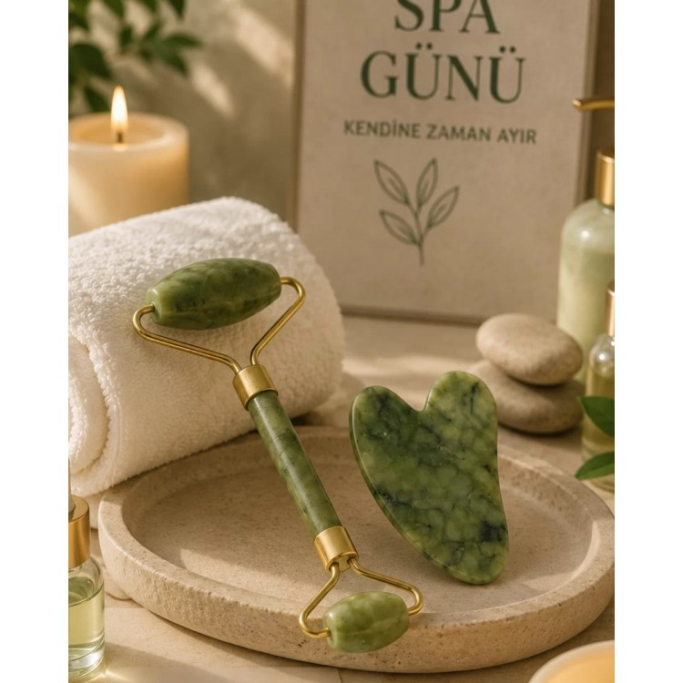 Jade Stone Yüz Bakım Seti Gua Sha ve Roller Masaj Taşı