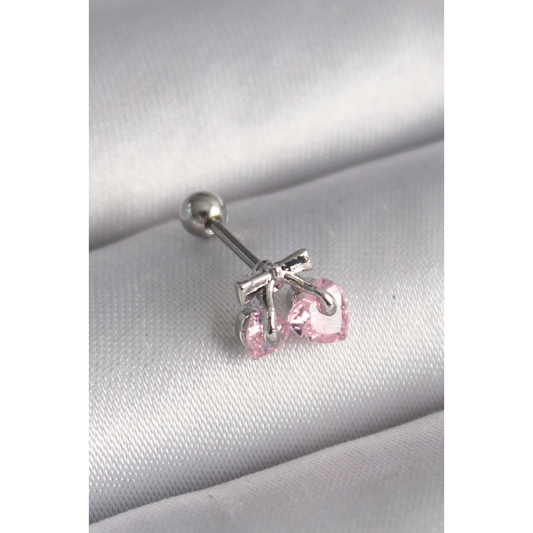 316L Çelik Gümüş Renk Pembe Zirkon Taşlı Kalp Tragus Piercing 5886