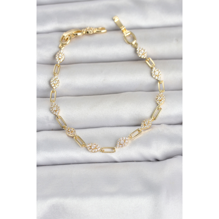 Gold Renk Zirkon Taşlı Ataç Zincir Model Kadın Bileklik 5886