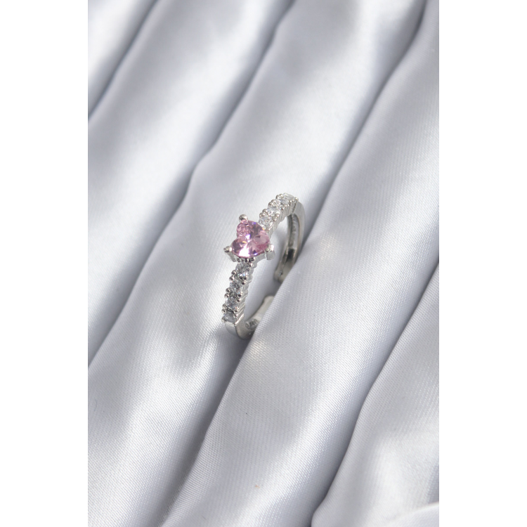 Gümüş Renk Zirkon Taşlı Pembe Kristal Kalp Model Kadın Yüzük 5886