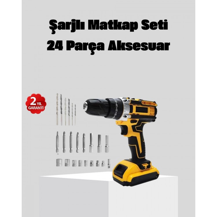 24 Parça Çift Bataryalı Akülü Darbeli Matkap – Güçlü Motor Metal Dişli LED Işıklı