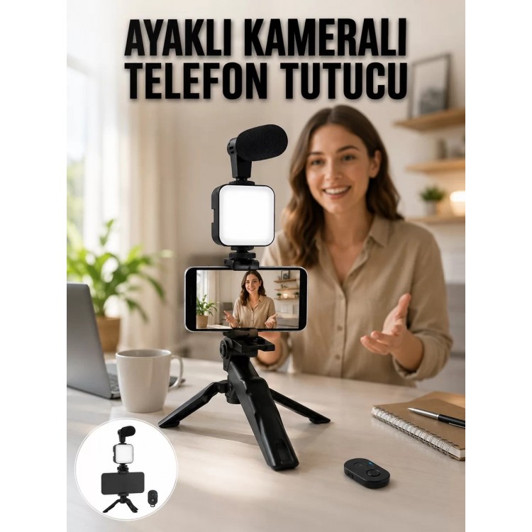 Telefon Tutucu Led Işıklı Kumandalı Mikrofon Telefon Vlog Video Kayıt Yeni Nesil