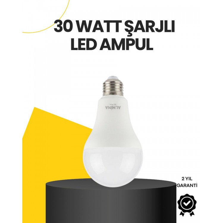 Yüksek Işık Güçlü Şarjlı LED Ampul E27 30W Enerji Tasarruflu