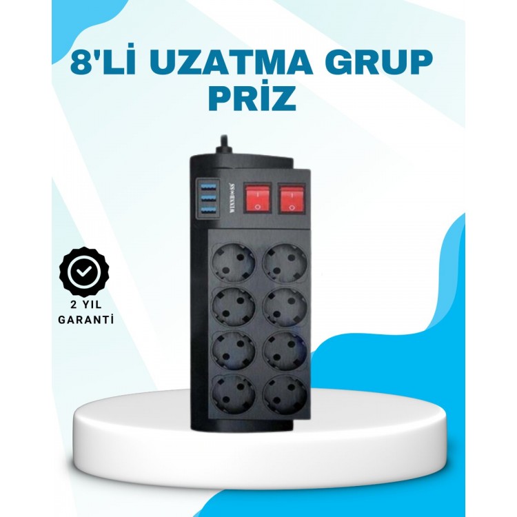 Isıya Dayanıklı Termal Akım Korumalı 8'li Priz ve 3 USB Girişli Uzatma Kablosu
