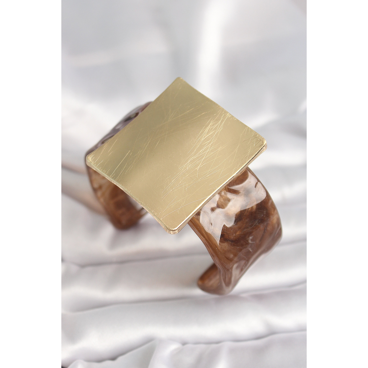 Kahverengi Mermer Desen Akrilik Plastik Gold Kare Plaka Model Vintage Kadın Bilezik 5886