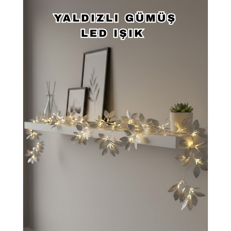 Yaldızlı Gümüş Yaprak LED Işık Pilli Dekoratif Ortam ve Yılbaşı Aydınlatması