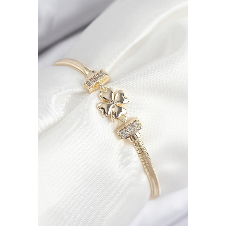 Pirinç Zirkon Taşlı Yonca Model Gold Renk Kadın Bileklik 5886