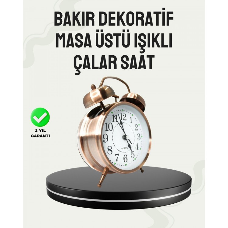 Nostaljik Büyük Boy Metal Masa Saati Bronz Kaplama ve Yüksek Sesli Alarm