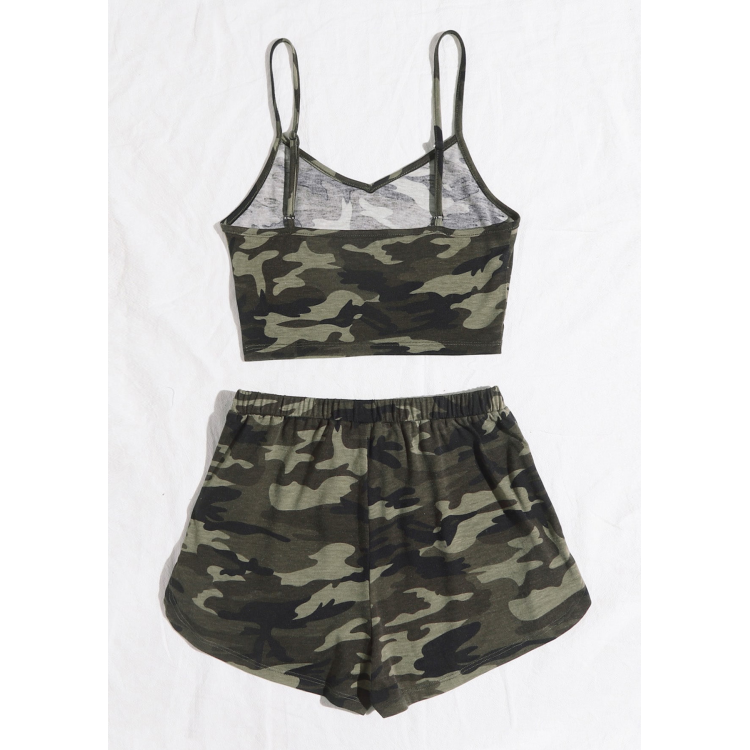 Kadın Kamuflaj Desenli Askılı Crop Top ve Şortlu Gecelik Takım H110440