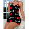 Love Desenli Siyah Saten Gecelik