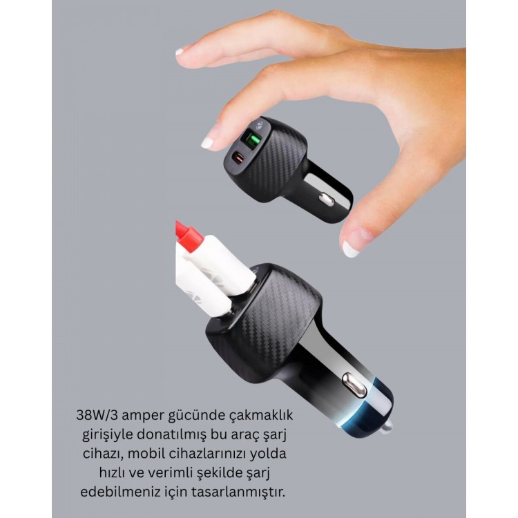 Kompakt Tasarımlı Type-C + USB Girişli Araç Şarj Başlığı