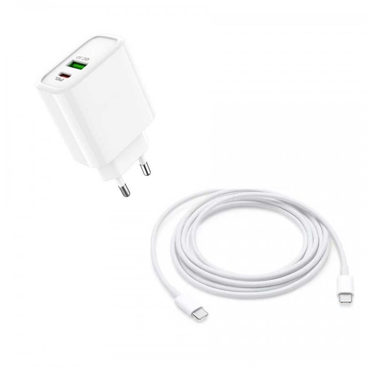 20 Watt 1x USB-A 1x USB-C 1 Mt Type-C to Type-C Kablo Hızlı Şarj Özellikli Adaptör + Kablo AC96
