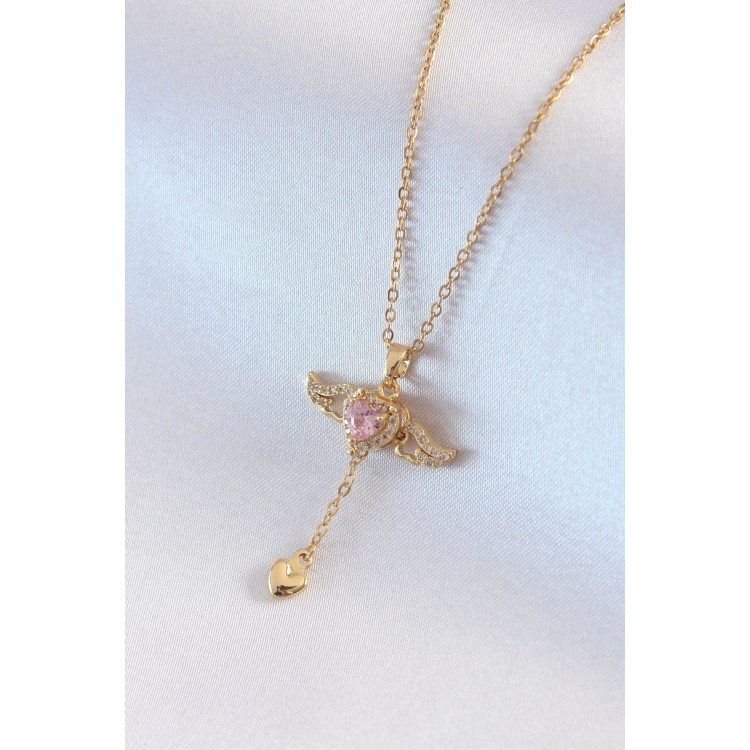 316L Steel Gold Color Winged Heart Model ZirconStone Detailed Women's Necklace TJ-BKO7411