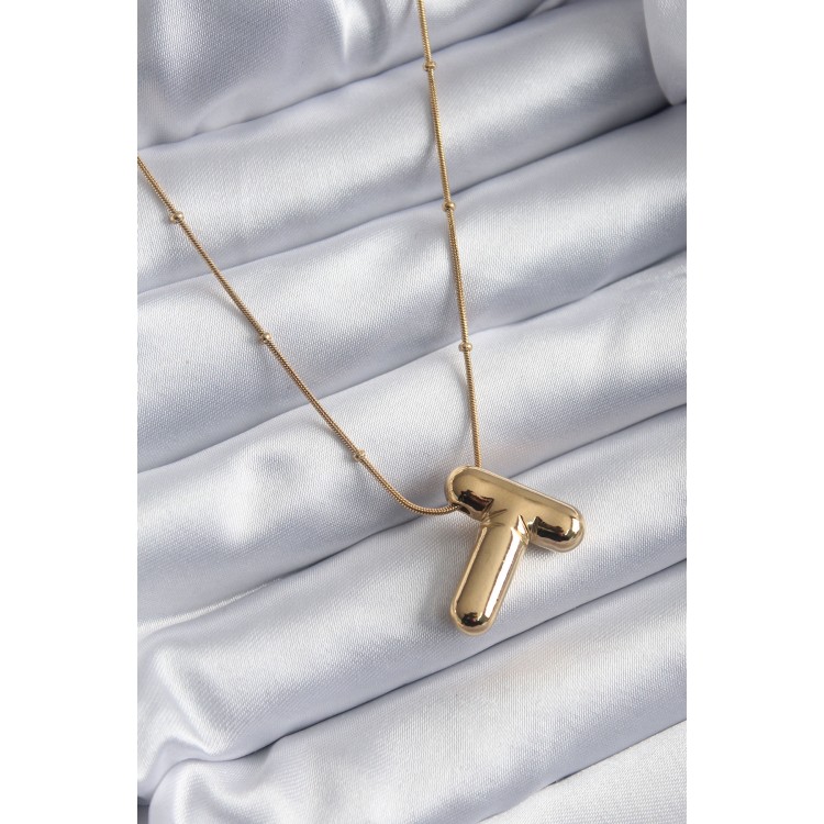 316L Çelik Gold Renk Bubble "T" Harf Model Kadın Kolye TJ-BKO7955