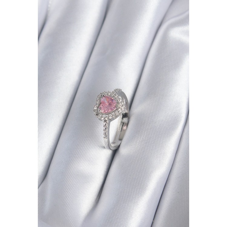 Pirinç Gümüş Renk Pembe Zirkon Taş Kalp Charm Model Kadın Yüzük TJ-BYK2859