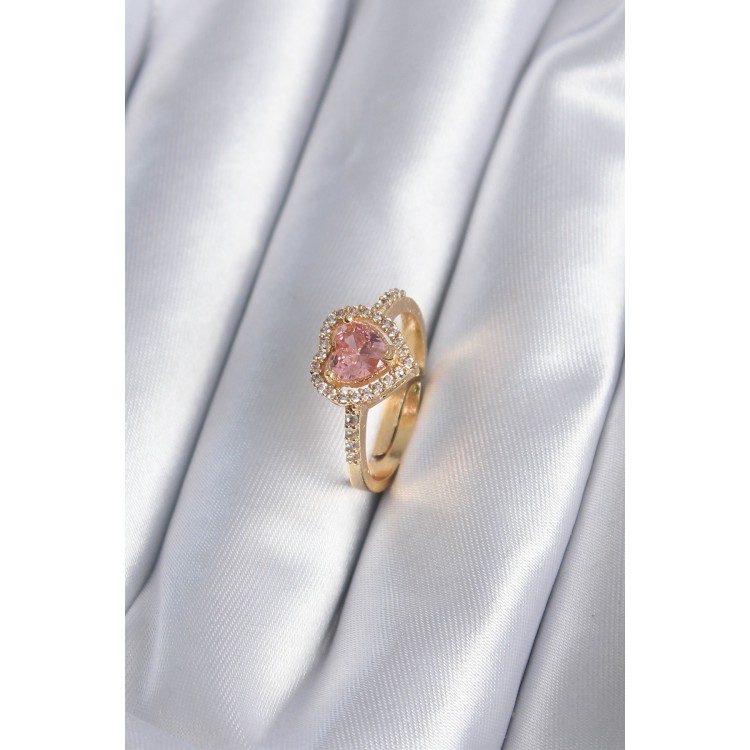 Pirinç Gold Renk Pembe Zirkon Taş Kalp Charm Model Kadın Yüzük TJ-BYK2860