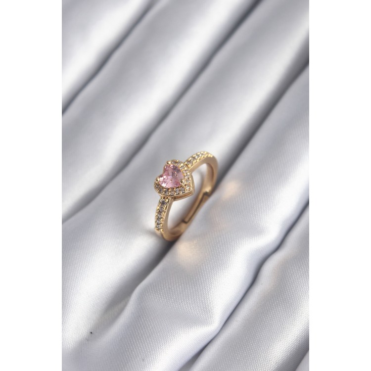 Pirinç Gold Renk Pembe Zirkon Taş Kalp Charm Model Kadın Yüzük TJ-BYK2957