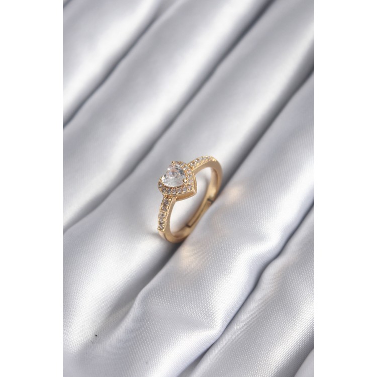Pirinç Gold Renk Zirkon Taşlı Kalp Charm Model Kadın Yüzük TJ-BYK2959