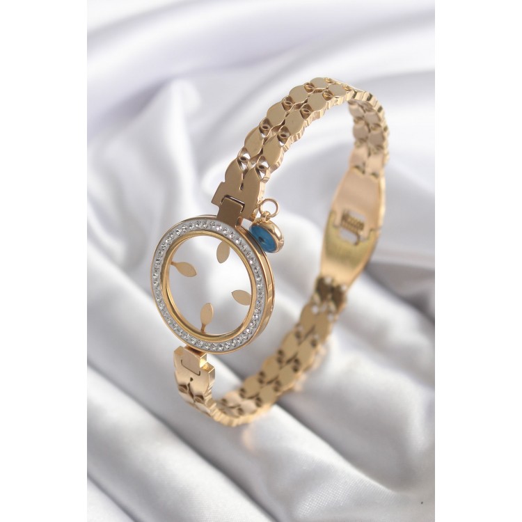 316L Çelik Gold Renk Arpa Model Zirkon Taş Detay Altın Takılabilir Kadın Kelepçe - TJ-BB5765
