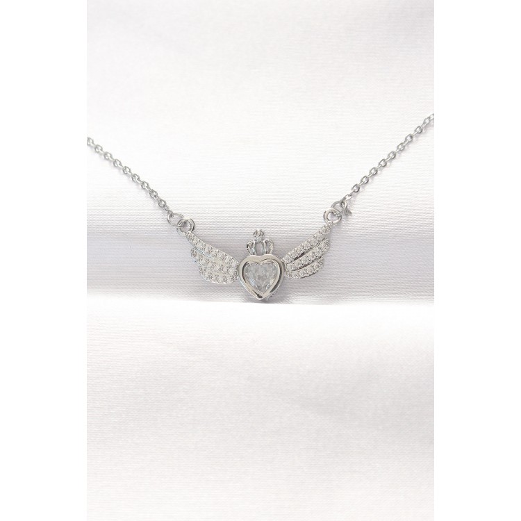 316L Çelik Silver Renk Zirkon Taşlı Kalpli Kanat Kolye TJ-BKO8515