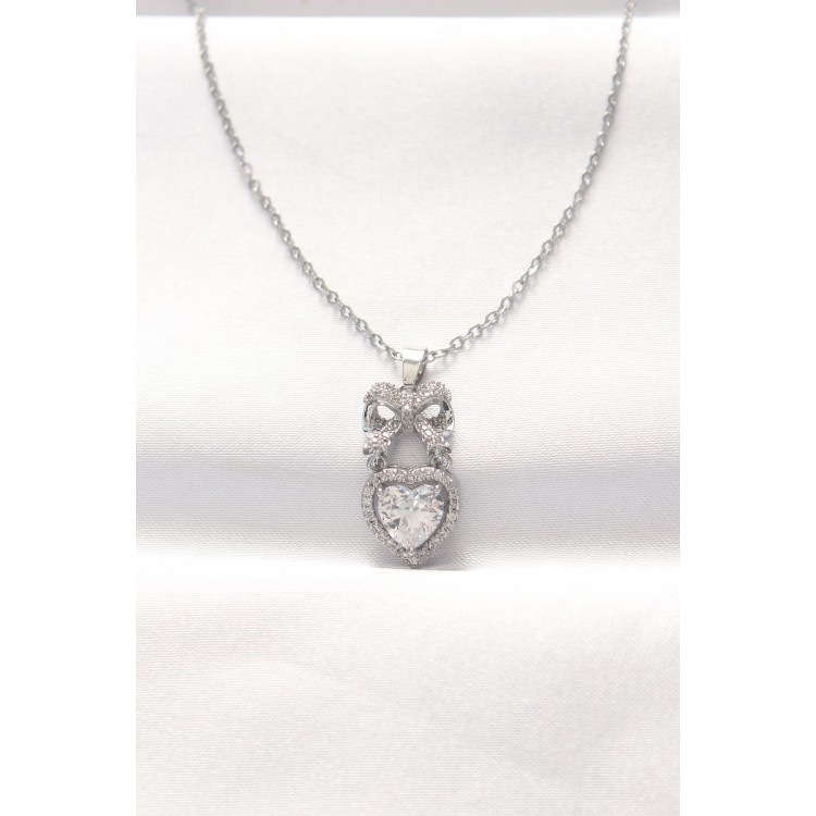 316L Çelik Silver Renk Zirkon Taşlı Kalpli Fiyonk Kolye TJ-BKO8519