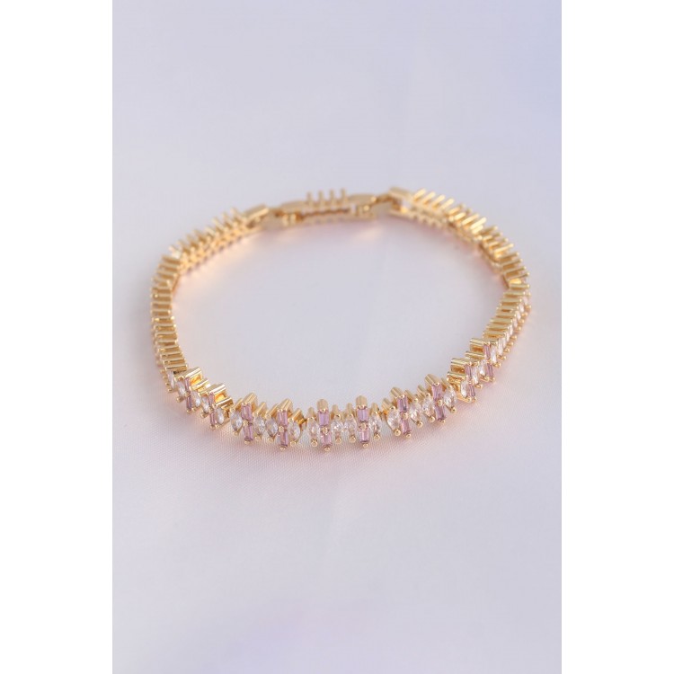 Vip Seri Pirinç Pembe Zirkon Taşlı Gold Renk Baget Model Bileklik TJ-BB6078