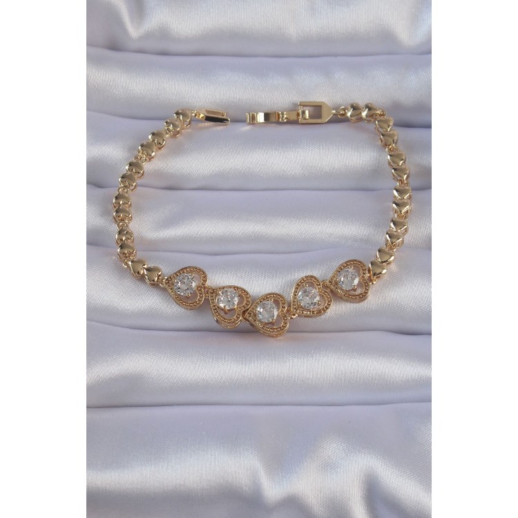 Pirinç Gold Renk İçi Zirkon Taşlı Kalp Figürlü Bileklik - TJ-BB6140