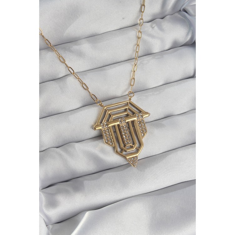 316L Çelik Zincir Gold Renk Zirkon Taşlı Serenay Kolyesi TJ-BKO8915