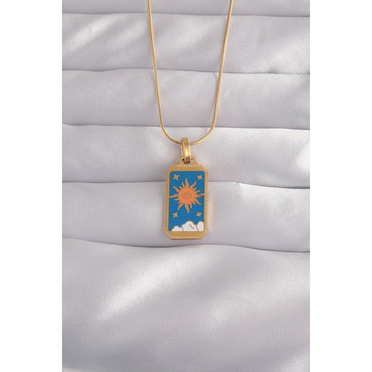 316L Çelik Gold Renk Mavi Mineli Güneş Model Tarot Kolye TJ-BKO9026