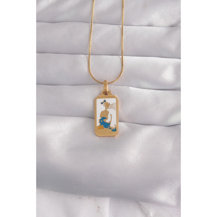 316L Çelik Gold Renk Beyaz Mineli Kız Figür Tarot Kolye TJ-BKO9027