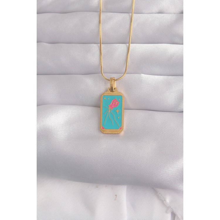 316L Çelik Gold Renk Mavi Mineli Tarot Kolye TJ-BKO9030