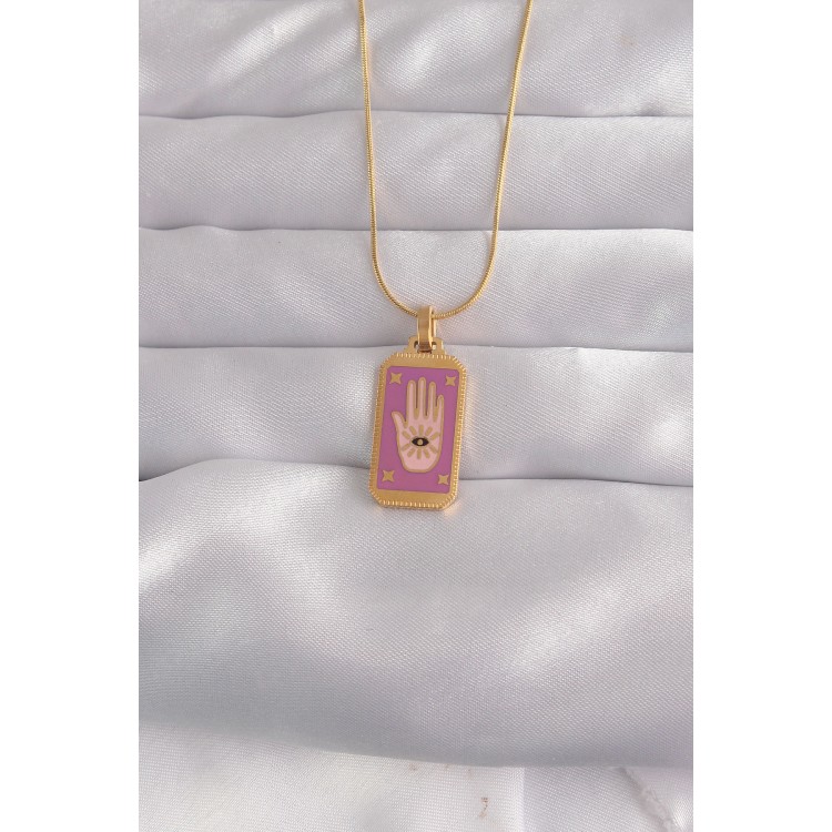 316L Çelik Gold Renk Mor Mineli El Figür Tarot Kolye TJ-BKO9034