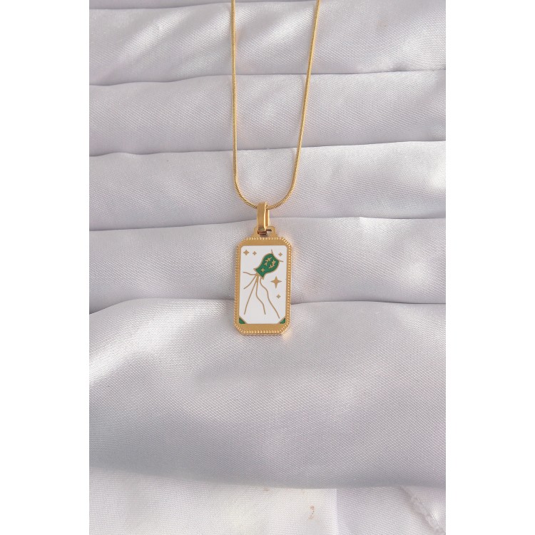 316L Çelik Gold Renk Beyaz Mineli Tarot Kolye TJ-BKO9039