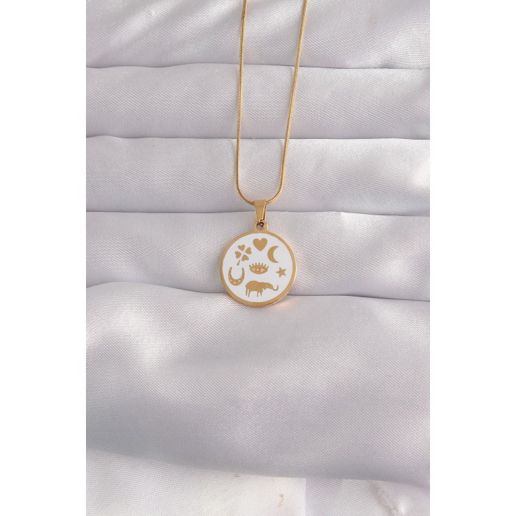316L Çelik Gold Renk Beyaz Mineli Karışık Figürlü Tarot Kolye TJ-BKO9041