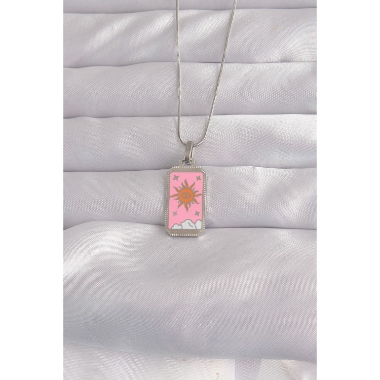 316L Çelik Gümüş Renk Pembe Mineli Güneş Model Tarot Kolye TJ-BKO9043