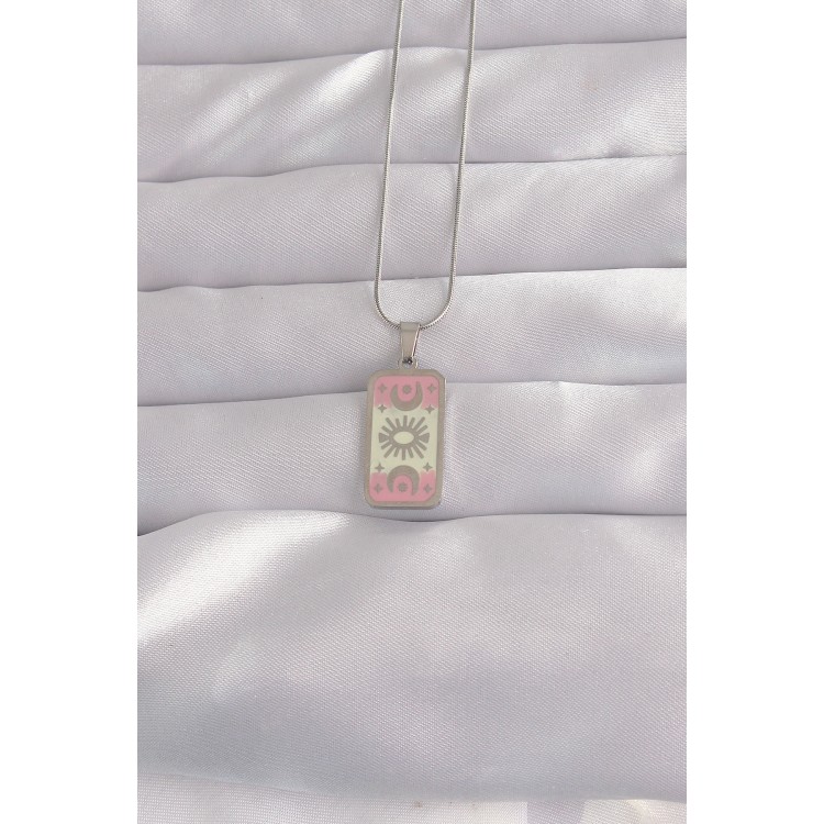 316L Çelik Gümüş Renk Pembe Mineli Ay Figür Tarot Kolye TJ-BKO9045