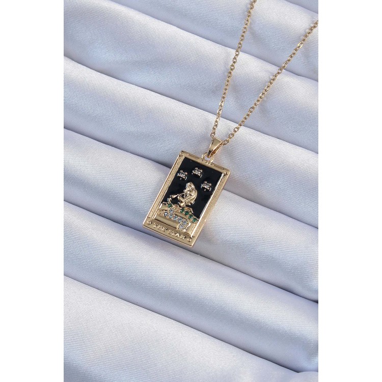 316L Çelik Zincir Renk Zirkon Taşlı Siyah Mineli Kız Figürlü Tarot Kolye TJ-BKO9227