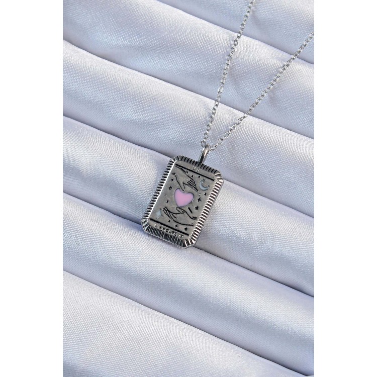 316L Çelik Zincir Eskitme Gümüş Renk Pembe Mineli Kalp Figürlü Tarot Kolye TJ-BKO9232